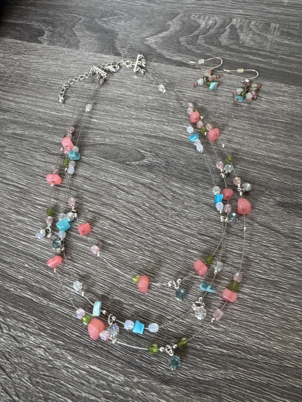 Avon Pink, Blue & Green Multi-Strand Beaded Necklace with Earrings